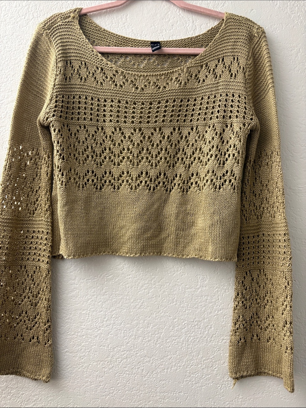 Windsor Open Knit Crop Top - Olive with Pink Trim